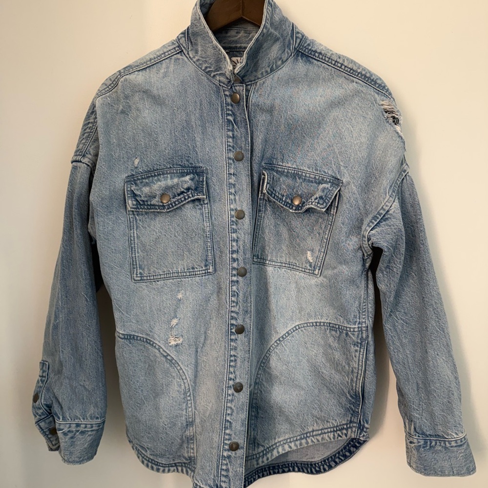 aerie Light Blue Distressed Denim Jacket with Snap Front